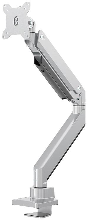 Un bras de moniteur argenté avec des articulations pour un positionnement flexible de l'écran. Adapté pour une fixation sur un bureau.