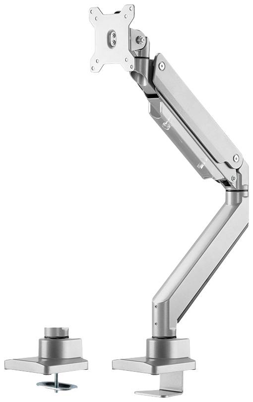 Un bras de moniteur argenté et réglable avec fixation de table, adapté pour fixer un écran sur un bureau.