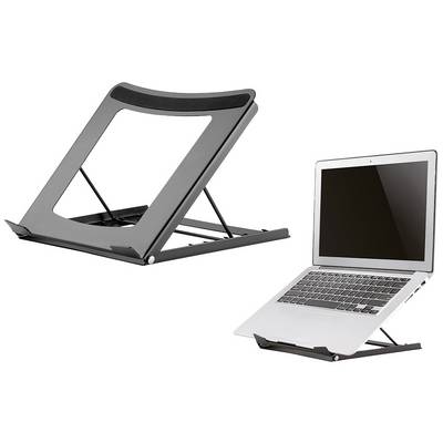 Un support pour ordinateur portable pliable en métal, adapté à une utilisation ergonomique. Présente deux positions : vide et avec un ordinateur portable.