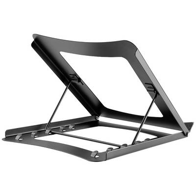 Un support pour ordinateur portable noir, réglable, avec un design aéré pour améliorer la circulation de l'air et l'ergonomie.