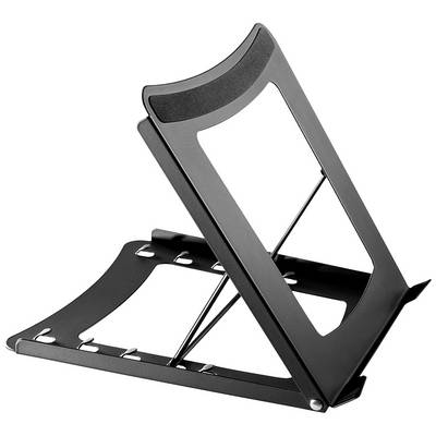 Support d'ordinateur portable en métal noir avec support ajustable pour différentes hauteurs et angles d'inclinaison.