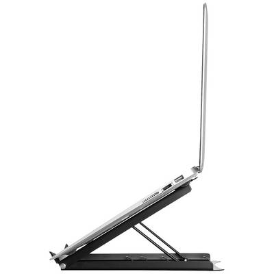 Un ordinateur portable positionné sur un support réglable qui surhausse l'écran. Le support améliore l'ergonomie et la ventilation.