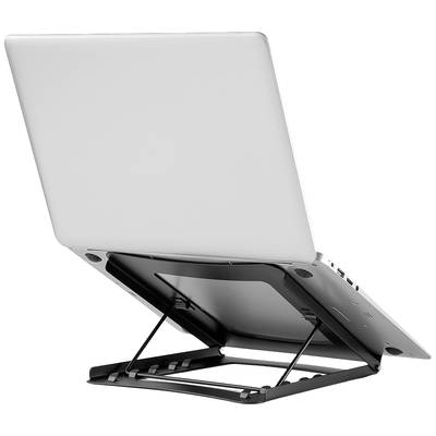 Un ordinateur portable posé sur un support métallique réglable noir, qui surélève l'écran pour un travail ergonomique.