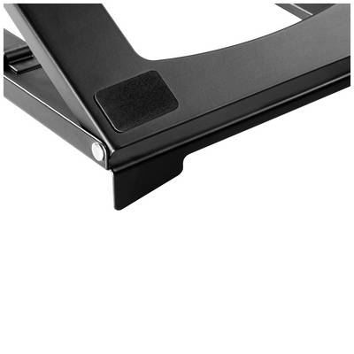 Un support pour ordinateur portable noir en métal, vue de côté, montrant la structure et la stabilité du design.