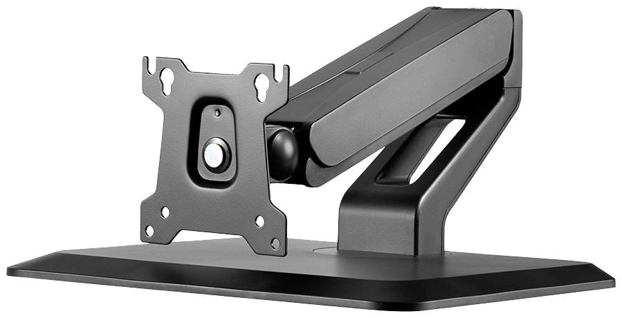 Support de moniteur noir avec fixation VESA, bras ajustable et base stable. Adapté aux écrans, offrant une orientation flexible.