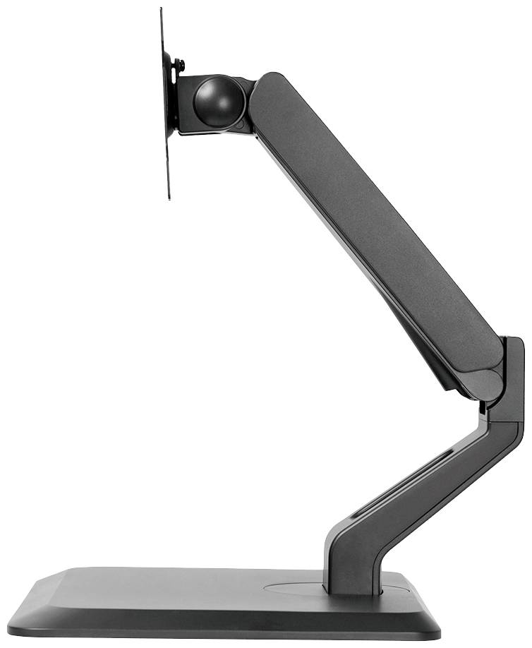 Un bras de moniteur ajustable en métal noir, présenté latéralement, avec des articulations permettant de régler la hauteur et l'inclinaison de l'écran.