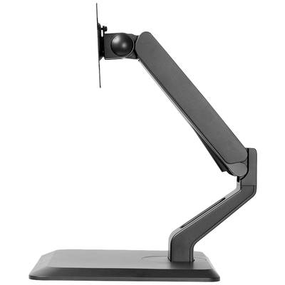 Un bras de moniteur ajustable en métal noir, présenté latéralement, avec des articulations permettant de régler la hauteur et l'inclinaison de l'écran.