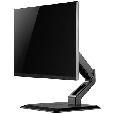 Un écran d'ordinateur noir moderne sur un support réglable. L'écran est éteint.