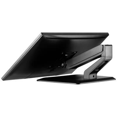 Un moniteur d'ordinateur noir vu de dos, monté sur un bras articulé qui permet un positionnement flexible.
