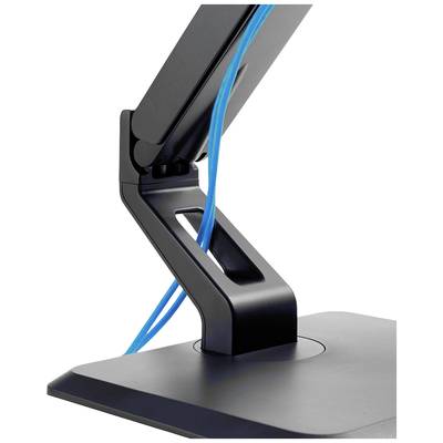 Un bras de moniteur noir et ajustable avec un système de gestion des câbles intégré. Un faisceau de câbles bleu passe proprement à travers le guide.