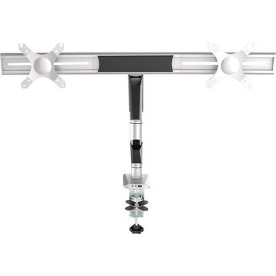 Support de moniteur double en métal pour fixation sur un bureau, adapté à deux écrans, avec réglage de hauteur flexible.