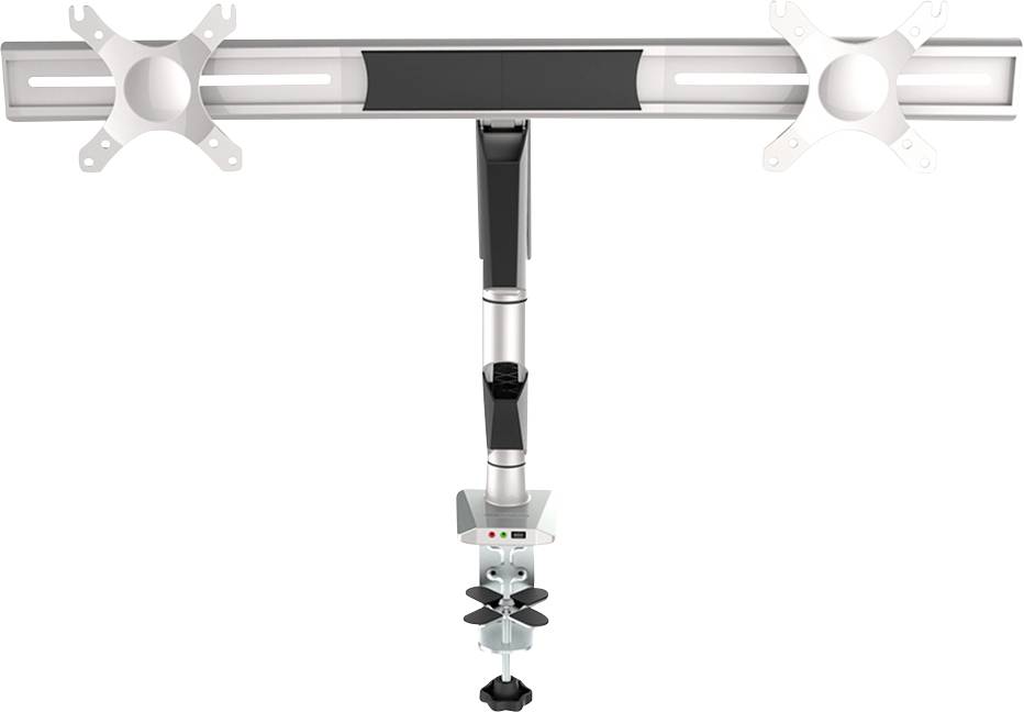 Support de moniteur pour deux écrans, avec bras ajustables et fixation par pince pour bureau. Adapté aux postes de travail ergonomiques.