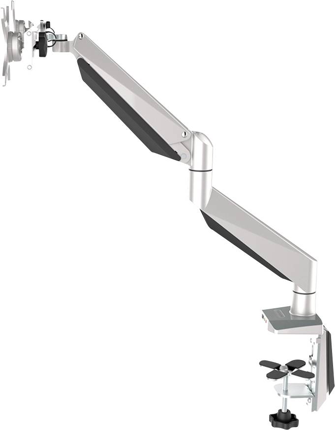 Support de moniteur réglable avec trois articulations et pince de fixation pour bureau. Optimise l'ergonomie visuelle et économise de l'espace.