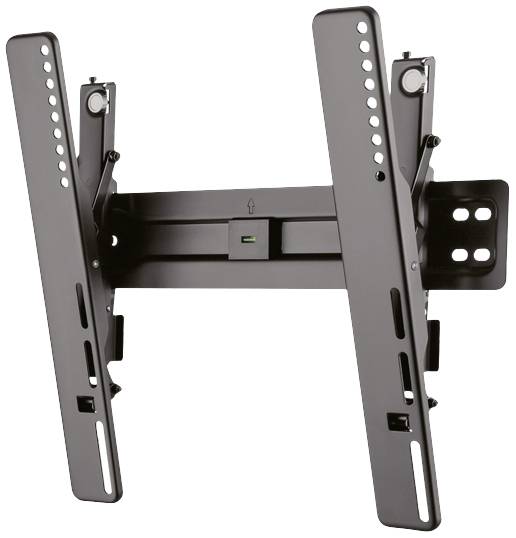 Un support mural inclinable pour téléviseur en noir, adapté à la fixation des écrans plats, avec différents trous de fixation.