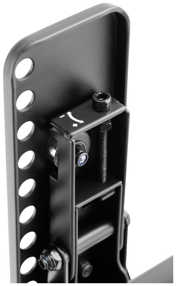 Gros plan sur un accessoire métallique noir comportant plusieurs vis et trous, probablement un élément d'un support ou d'un dispositif de fixation.