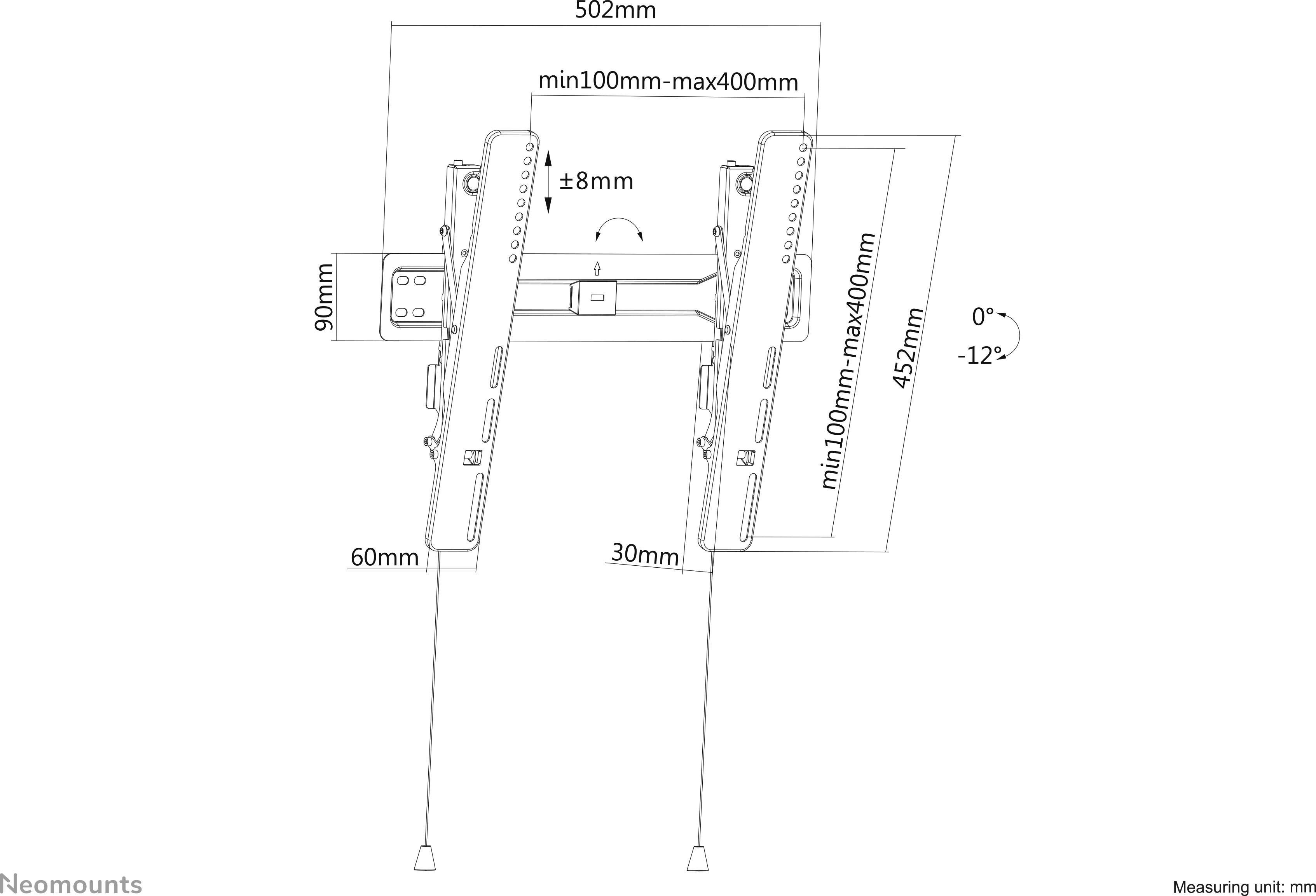 Dessin d'un support mural avec dimensions : largeur 502 mm, hauteur 452 mm, angle d'inclinaison réglable de 0° à 12°, distances en mm.