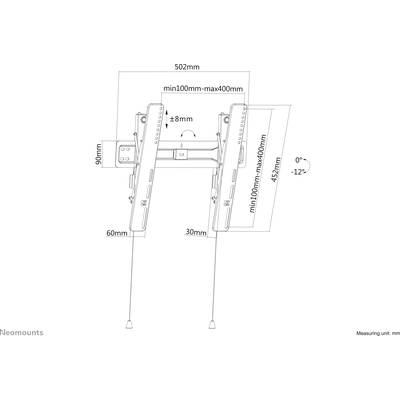 Dessin d'un support mural avec dimensions : largeur 502 mm, hauteur 452 mm, angle d'inclinaison réglable de 0° à 12°, distances en mm.