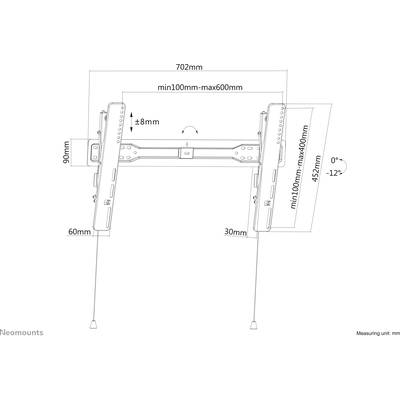 Support mural pour TV, dimensions : largeur 702 mm, hauteur réglable de 100 mm à 400 mm, inclinaison de 0° à -12°.