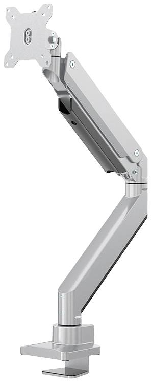 Un bras de moniteur réglable en métal, montrant des articulations détaillées et des supports de fixation pour un bureau.