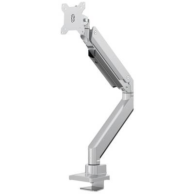 Un bras de moniteur réglable en métal, montrant des articulations détaillées et des supports de fixation pour un bureau.