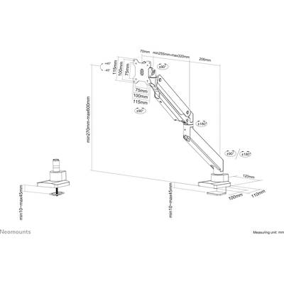 Support de moniteur réglable en métal, dimensions en mm : hauteur 270-590 mm, portée 255-620 mm. Inclinaison +90°/-90°, rotation 180°.