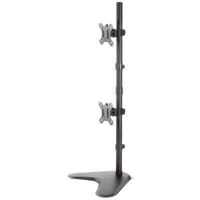 Un support vertical en métal noir pour deux écrans, doté de supports réglables et d'une base stable.