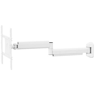 Un bras de moniteur blanc et ajustable pour montage mural, qui supporte un écran. Permet un positionnement et un angle d'inclinaison flexibles.