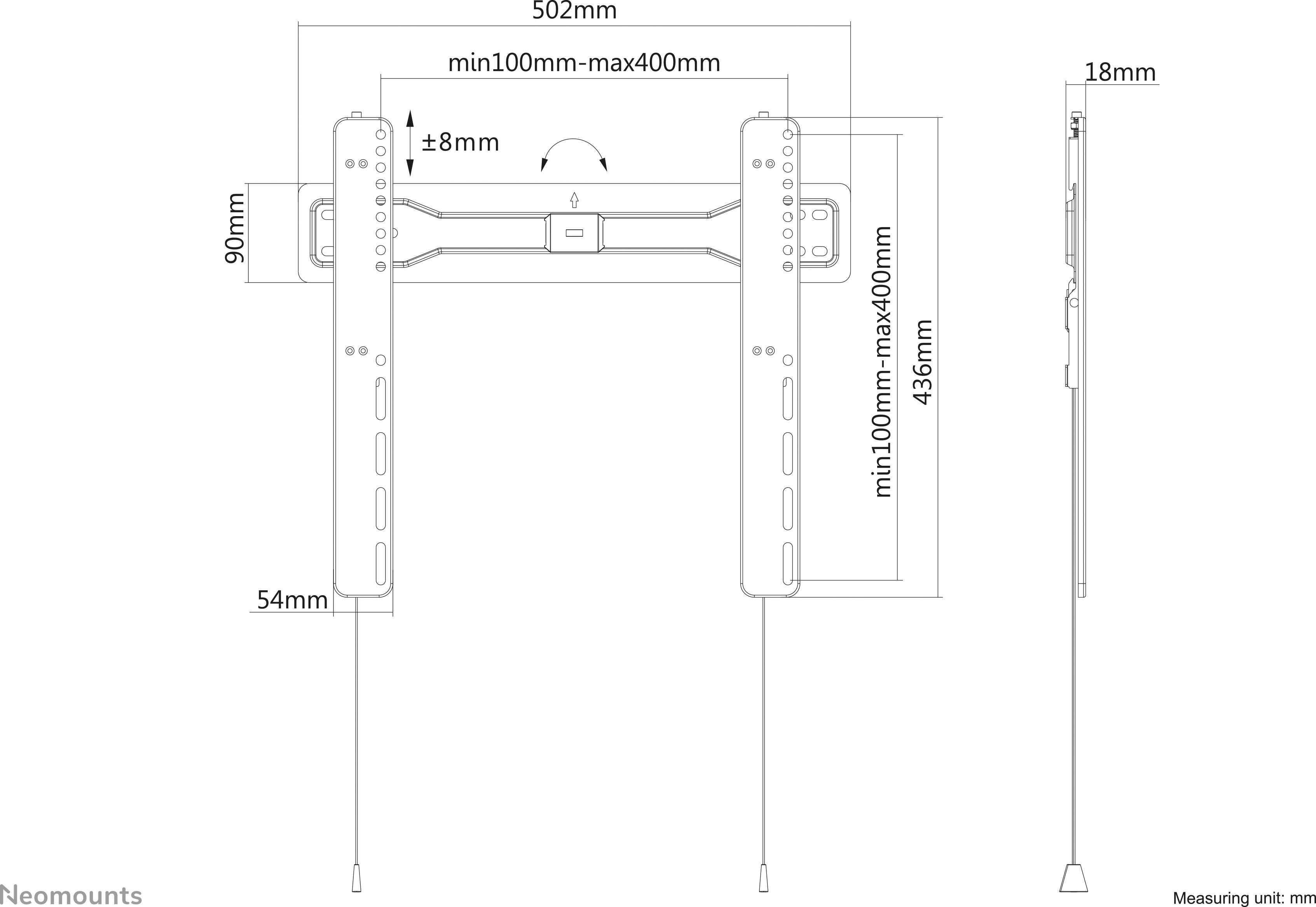 Support mural pour moniteurs, dimensions : Largeur 502 mm, Hauteur 436 mm, Profondeur 18 mm. Largeur réglable de 100 mm à 400 mm, Hauteur réglable de 100 mm à 400 mm.