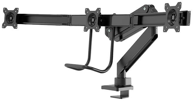 Un support de moniteur noir avec trois bras ajustables pour plusieurs écrans. Le support est conçu pour être fixé à un bureau.