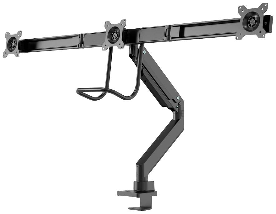 Support de moniteur avec trois supports VESA et bras ajustable à fixer sur un bureau. Idéal pour la fixation de plusieurs écrans.
