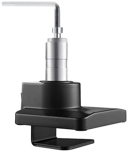 Un support de fixation noir pour table avec un mécanisme de serrage argenté et une vis, adapté pour fixer des moniteurs ou des lampes sur une table.