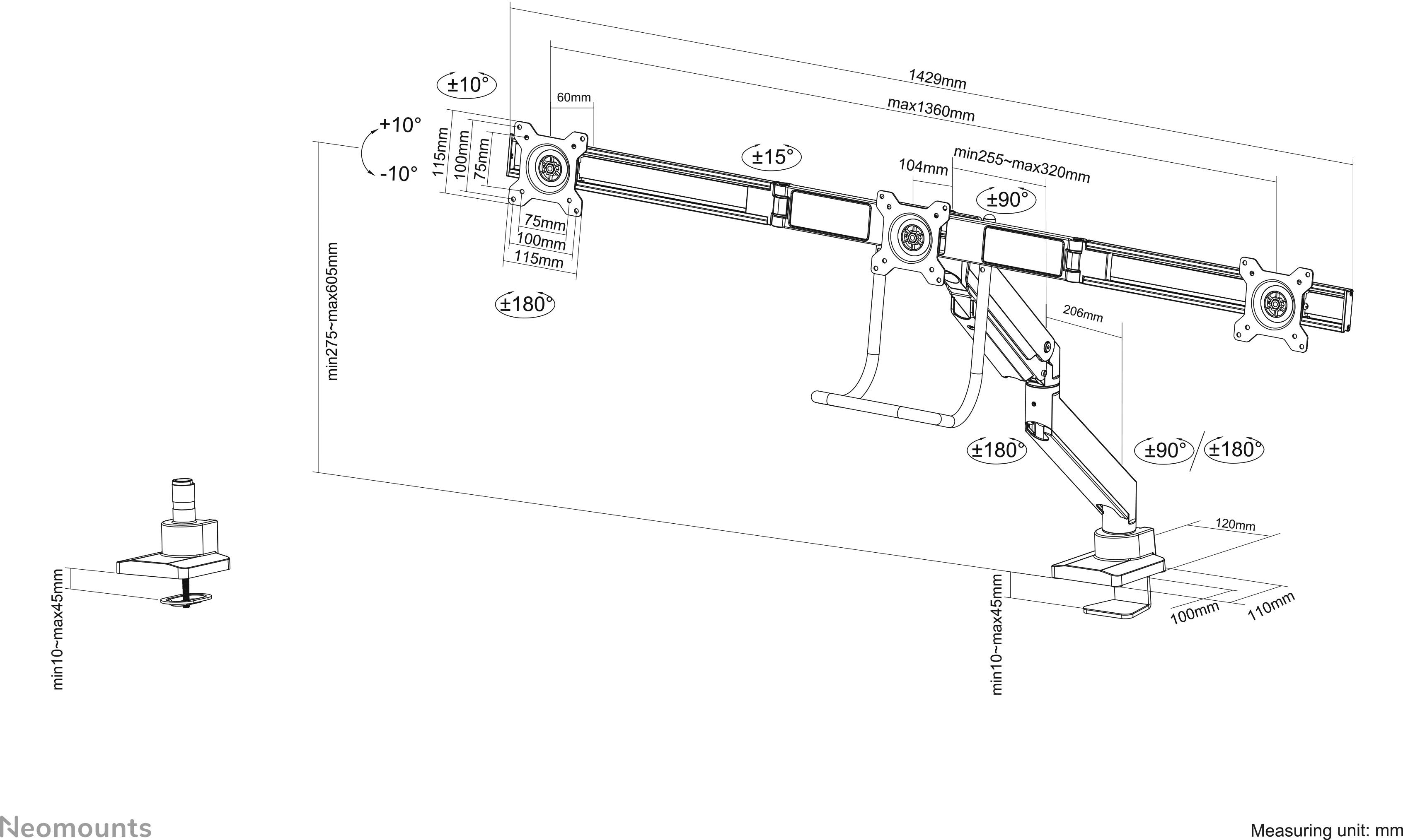 Dessin technique d'un bras de support pour moniteur à plusieurs articulations. Dimensions et angles indiqués pour différentes pièces. Mesures en millimètres.