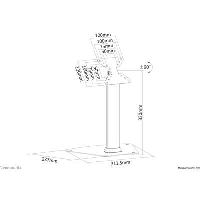 Diagramme de support : Dimensions du support en mm, plage de pivotement jusqu'à 90 degrés. Base de 237x311,5 mm, réglable en hauteur jusqu'à 330 mm.