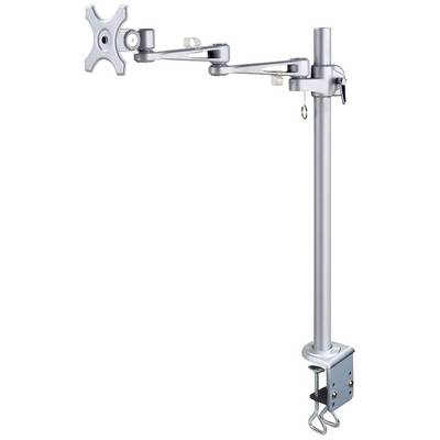 Un bras de moniteur argenté avec des articulations réglables et une pince de fixation pour table. Idéal pour une installation de moniteur flexible.