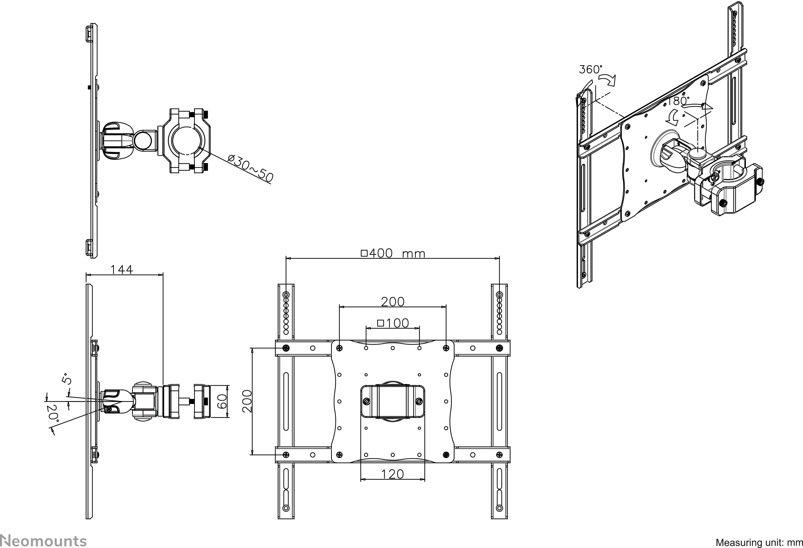 Dessin technique d'un support de moniteur, présentant la vue de face, la vue latérale et les dimensions, y compris l'angle de rotation et les mesures.