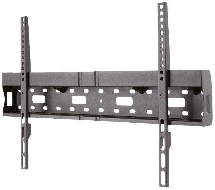 Support mural noir pour TV avec deux supports verticaux et plusieurs trous pour différentes tailles d'écran et fixation murale.