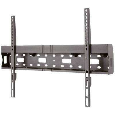 Support mural noir pour TV avec deux supports verticaux et plusieurs trous pour différentes tailles d'écran et fixation murale.