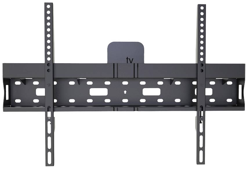 Support mural pour téléviseur à écran plat, noir, avec rails verticaux réglables et plusieurs trous de fixation.