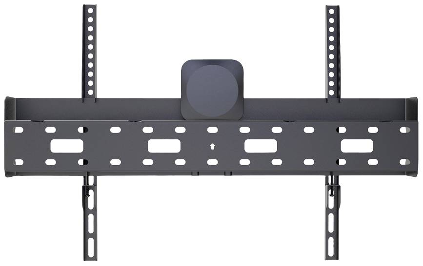 Un support mural noir pour téléviseur avec bras ajustables et trous de fixation, conçu pour un montage robuste et sécurisé.