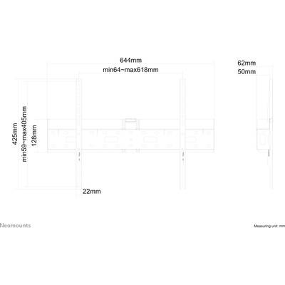Diagramme d'un support mural pour téléviseur avec dimensions : largeur 644 mm, hauteur 425 mm, profondeur 22 mm. Ajustement vertical min. 64 mm, max. 618 mm.