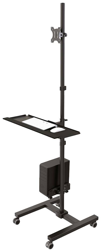 Table d'ordinateur réglable en hauteur sur roulettes, couleur noire, avec support de moniteur et tablette pour clavier.