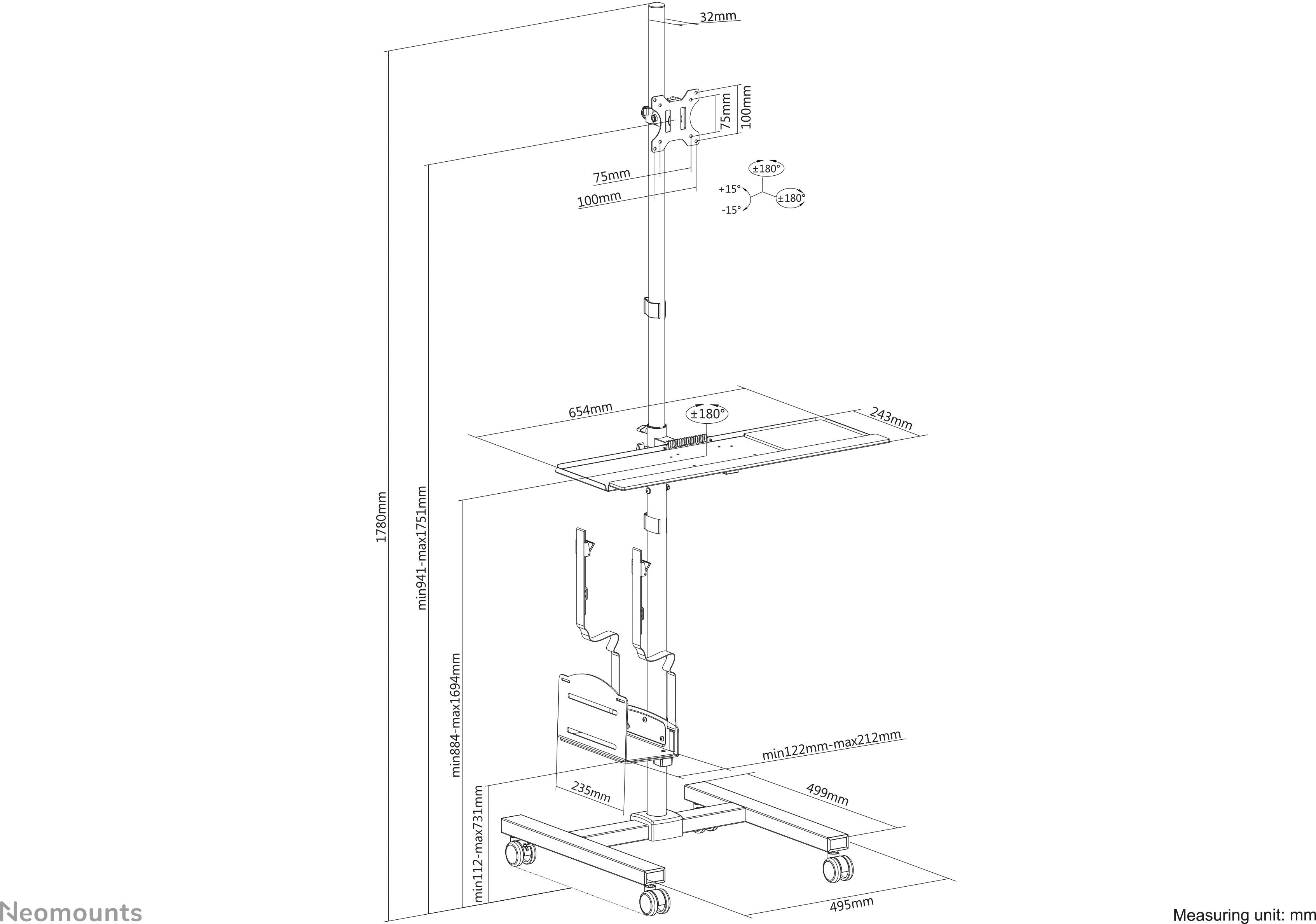'Dimensions d'un support d'écran réglable en hauteur avec roulettes. Détails sur les dimensions de hauteur et de largeur de chaque composant en millimètres.'