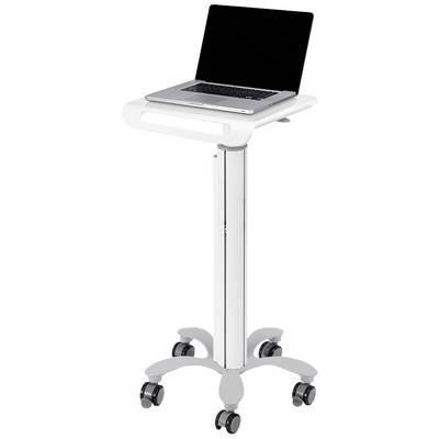 Un chariot étroit et réglable en hauteur, équipé d'une surface de support pour ordinateur portable, adapté aux stations de travail mobiles.
