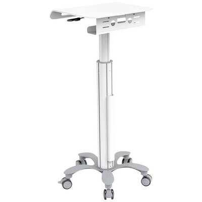 Chariot médical blanc à roulettes, réglable en hauteur, adapté à une utilisation flexible et à un déplacement facile dans les hôpitaux.