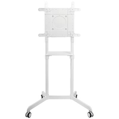Un support de télévision mobile blanc avec quatre roues et un support réglable pour écrans. Idéal pour la flexibilité en milieu de travail.