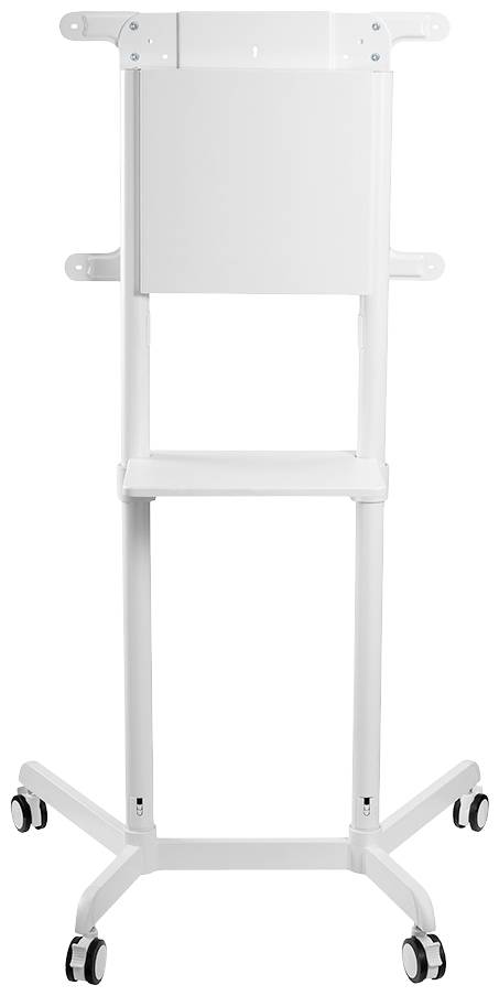 Support mobile blanc avec roues et châssis rectangulaire, probablement destiné à des équipements techniques.