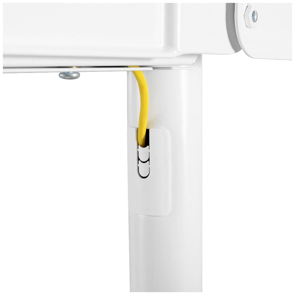 Un câble jaune est inséré dans un tube blanc qui pend d'un meuble ou d'un appareil, maintenu par une pince.