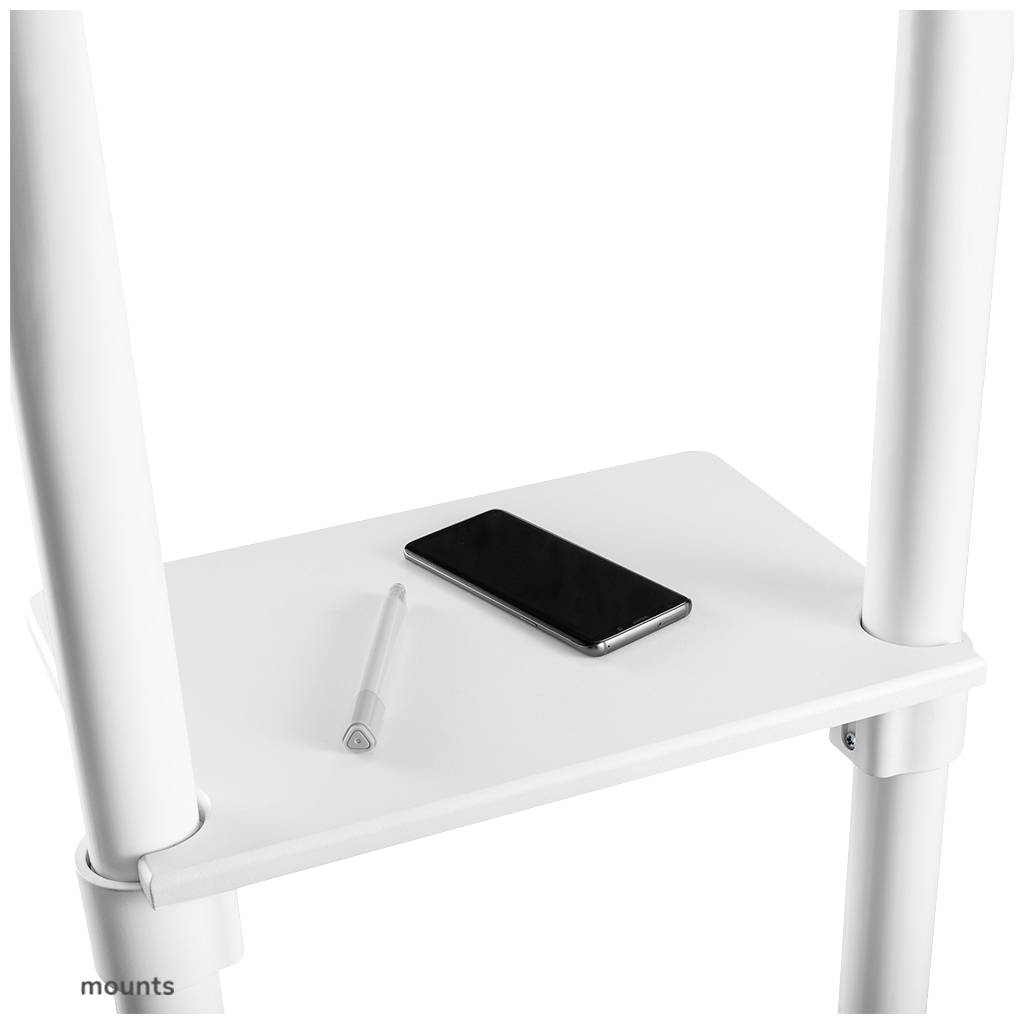 Une étagère blanche avec un smartphone noir et un stylo blanc posés dessus. Quatre tiges blanches soutiennent l'étagère.