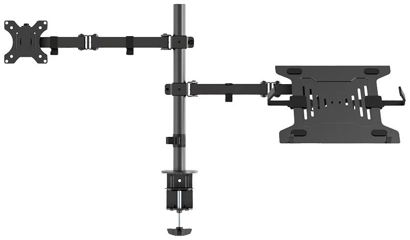 Support de moniteur avec deux bras articulés, monté sur un socle central. Adapté pour la fixation d'un écran et d'un ordinateur portable.