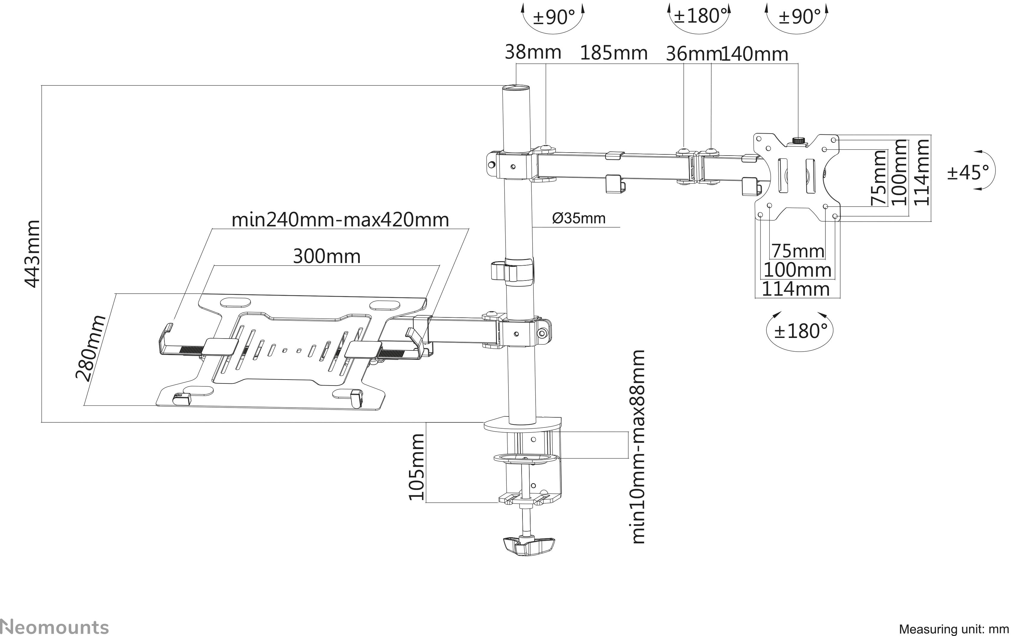 Schéma de Neomounts d'un bras de moniteur réglable avec dimensions et angles de rotation, montrant les options de support pour moniteurs et ordinateurs portables.